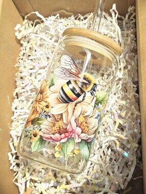 Glass Bee Floral Straw Tumbler with Bamboo Lid